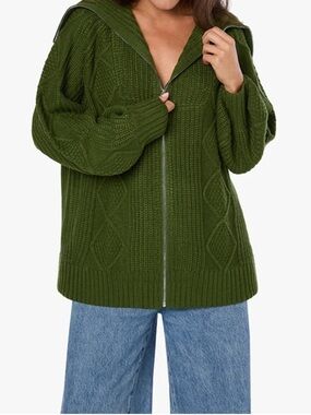 NWT WeWoreWhat Olive Green Cable-Knit Zip Hoodie Cardigan